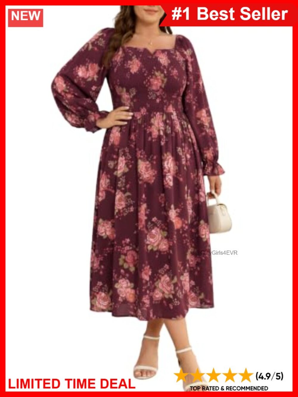 Plus Size Floral Maxi Dress Long Ruffle Sleeve Square Neck Smocked A-Line